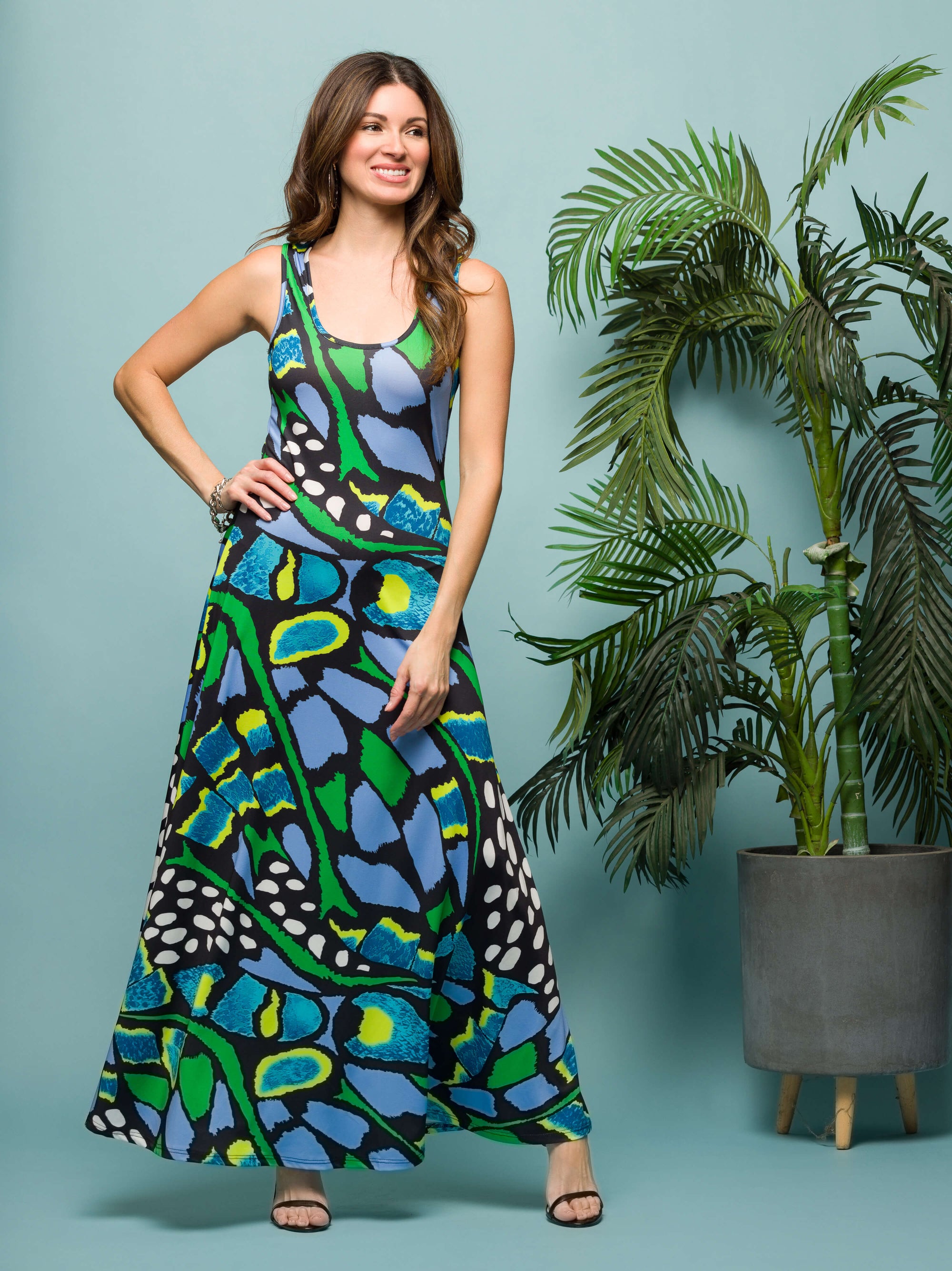 24seven Comfort Apparel Womens Blue Butterfly Print Scoop Neck A Line Sleeveless Maxi Dress