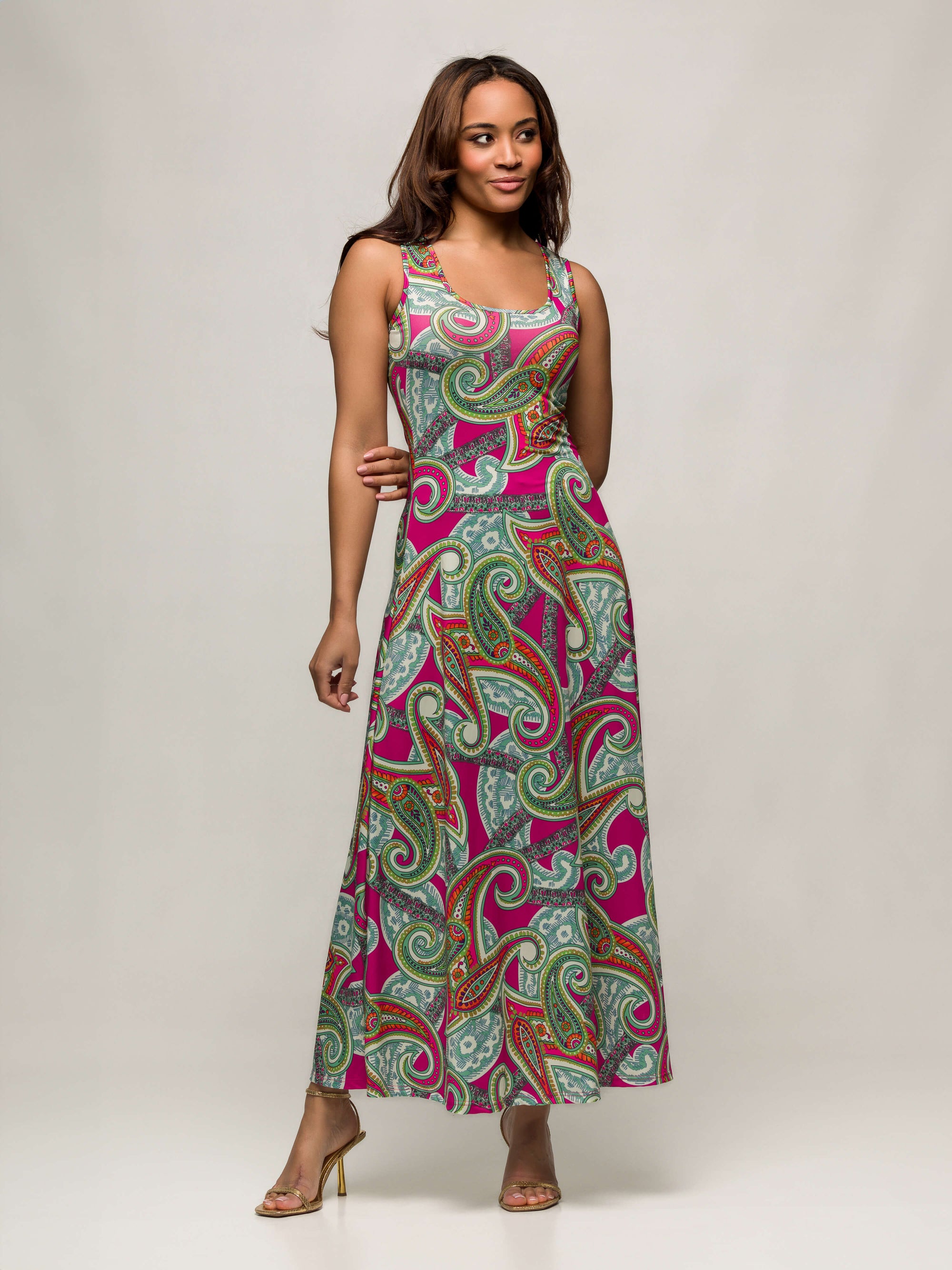 24seven Comfort Apparel Womens Hot Pink Paisley Print Scoop Neck A Line Sleeveless Maxi Dress