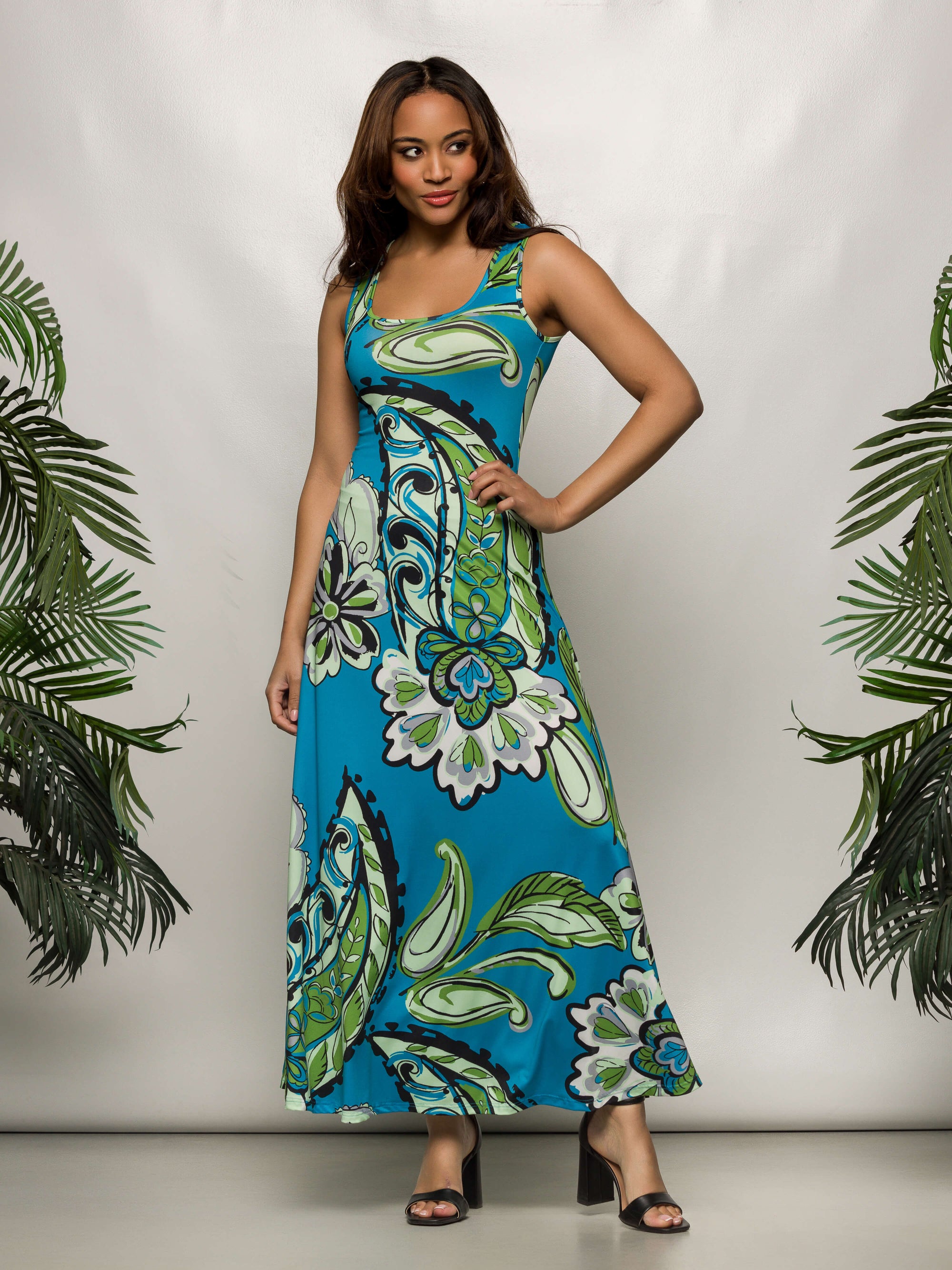 24seven Comfort Apparel Womens Blue Paisley Print Scoop Neck A Line Sleeveless Maxi Dress