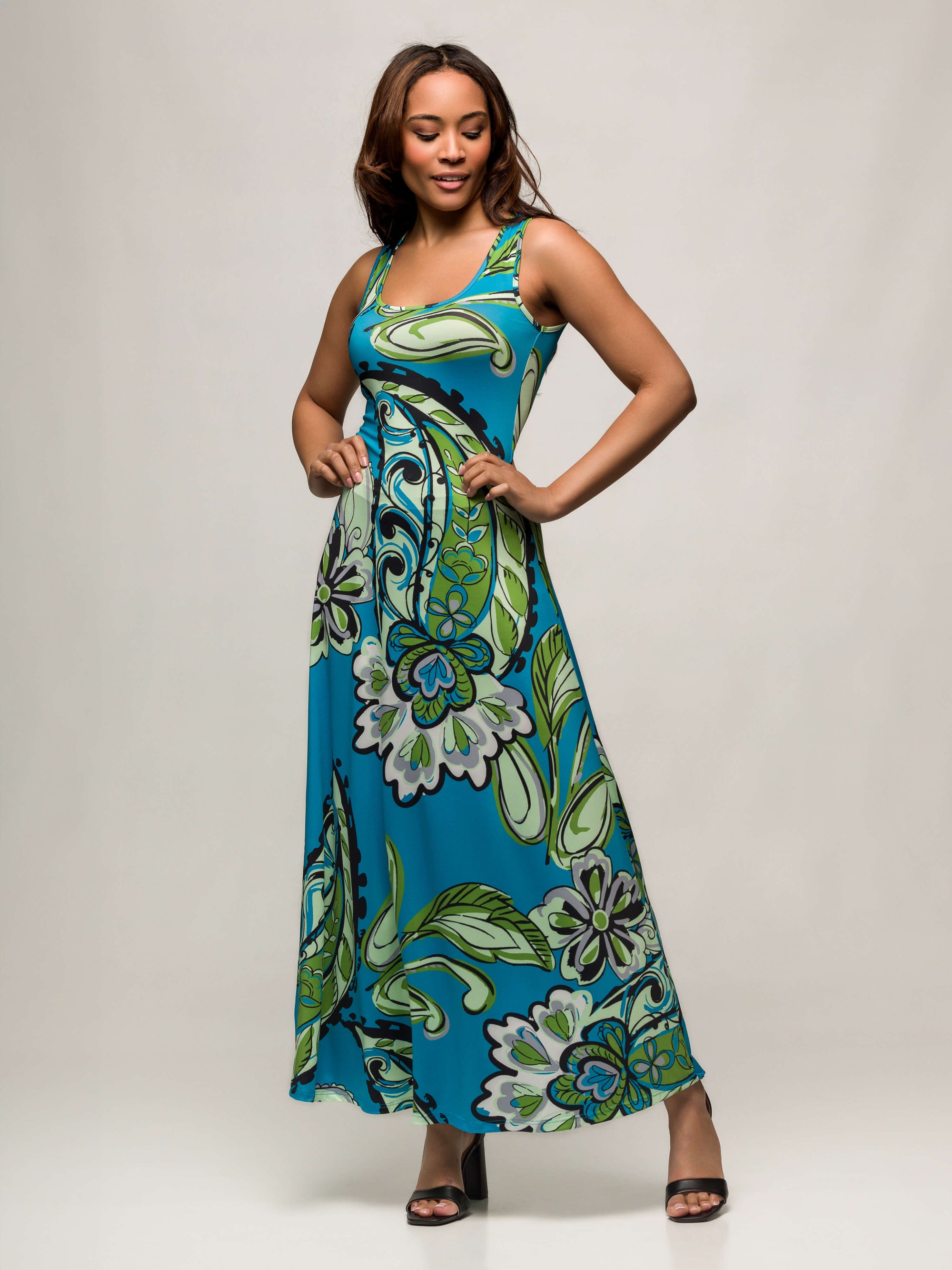 24seven Comfort Apparel Womens Blue Paisley Print Scoop Neck A Line Sleeveless Maxi Dress