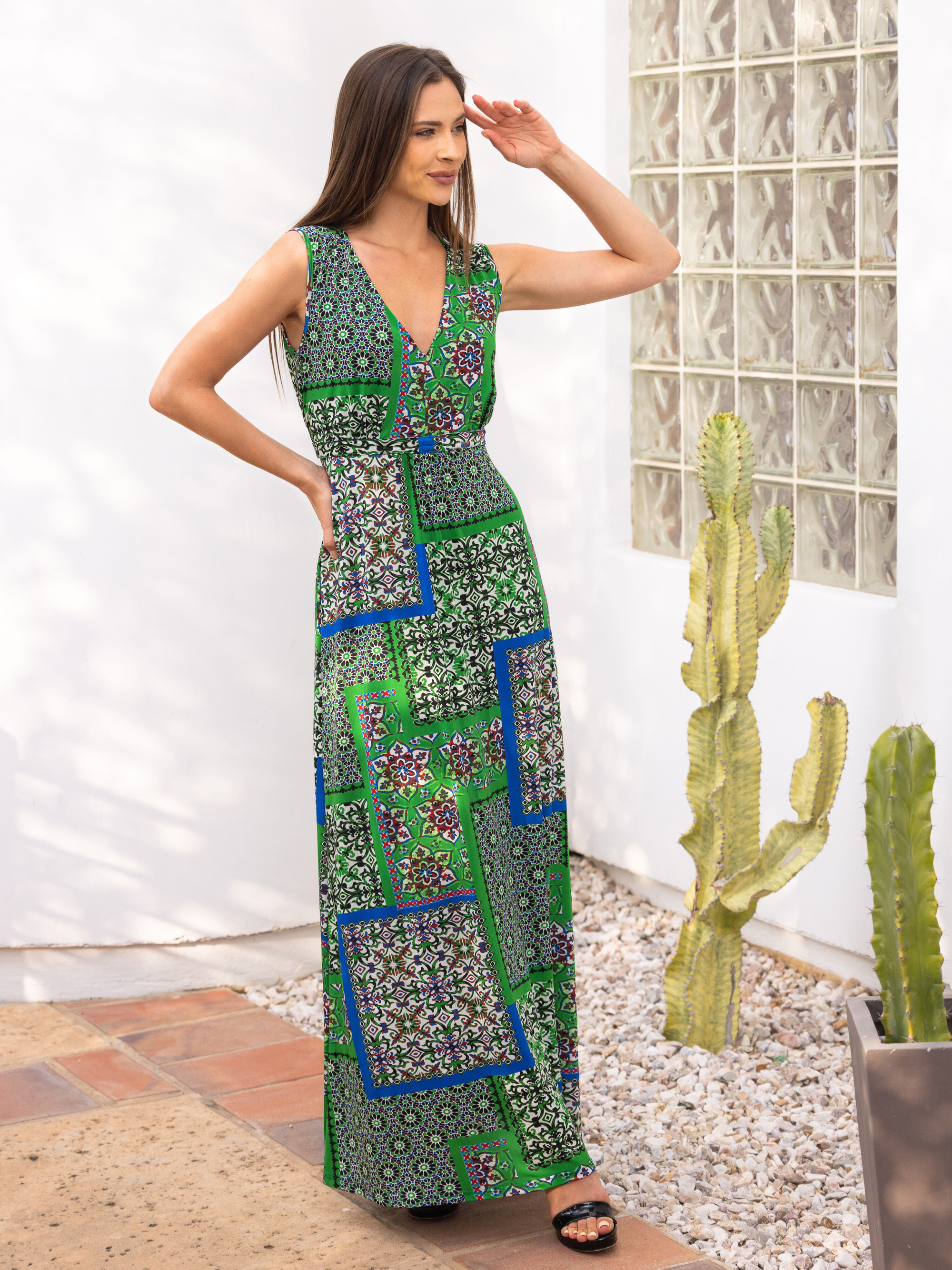 Womens Green Scarf Print V Neck Empire Waist Sleeveless Maxi Dress