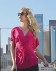 Womens V Neck Knot Front Kimono Sleeve Top