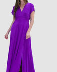Womens Flutter Sleeve Metallic Knit Maxi Dress Front Slit Empire Waist