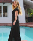Womens Flutter Sleeve Metallic Knit Maxi Dress Front Slit Empire Waist