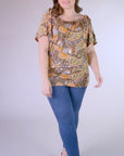 Plus Size Womens Brown Paisley Short Sleeve Split Shoulder Top