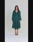 Shimmer Pleated V Neck Empire Waist Bishop Sleeve Midi Dress