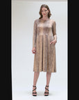 Animal Print Long Sleeve Pleated Midi Dress with Pockets