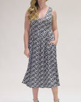 Womens Midi Length Black Geo Print Sleeveless Pleated Pocket Dress