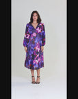 Multicolor Pleated V Neck Empire Waist Bishop Sleeve Midi Dress