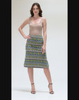 Green Geometric Elastic Waist Knee Length Skirt