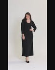 Plus Size Fitted Long Sleeve Shimmery Fabric Side Slit Maxi Dress