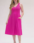Fit and Flare Midi Sleeveless Dress with Pocket Detail