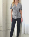 Womens V Neck Geometric Print Knot Front Kimono Sleeve Top