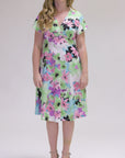 Womens Floral Print V Neck Empire Waist Kimono Cap Sleeve Knee Length Dress