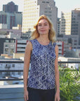 Womens Navy Print Pleated Crew Neckline Back Closure Sleeveless Top