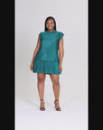 Plus Size Ruffle Cap Sleeve High Neck Pleated Tiered Mini Dress