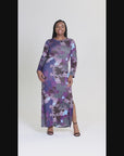 Plus Size Purple Paisley Long Sleeve Side Slit Fitted Maxi Dress