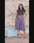 Plus Size Purple Print Elastic Waist Pocket Midi Skirt