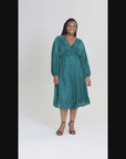 Plus Size Shimmer Pleated V Neck Empire Waist Bishop Sleeve Midi Dress