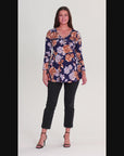 Blue Floral Long Sleeve V Neck Tunic Top