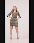 Green Geometric Print Three Quarter Sleeve Collar Mini Dress