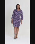 Plus Size Purple Geometric Print Three Quarter Sleeve Collar Mini Dress