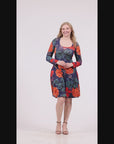 Navy Floral Print Long Sleeve Knee Length Dress
