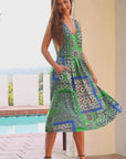 Womens Midi Length Green Scarf Print Sleeveless Pleated Pocket Dress