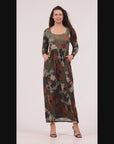 Green Long Sleeve Empire Waist Pocket Maxi Dress