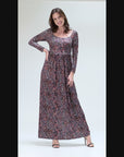 Blue Abstract Long Sleeve Pleated Maxi Dress