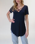 Womens V Neck Criss Cross Neckline T Shirt Tunic Top