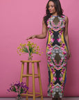 24seven Comfort Apparel Womens Geometric Floral Print Sleeveless Side Slit Maxi Dress