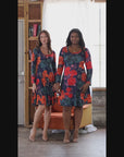 Navy Floral Print Long Sleeve Knee Length Dress