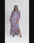 Plus Size Grey Long Sleeve Side Slit Fitted Maxi Dress