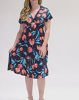 Womens Tulip Print V Neck Empire Waist Kimono Cap Sleeve Knee Length Dress