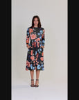 Black Floral Midi Length Long Sleeve Pocket Dress