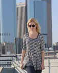 Womens Black Geometric Print Elbow Sleeve Casual Tunic Top