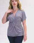 Womens V Neck Geometric Print Knot Front Kimono Sleeve Top