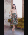 Green Print Elastic Waist Pocket Midi Skirt