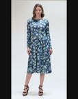 Blue Brushstroke Print Long Sleeve Pleated Midi Dress with Pockets