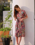 Womens Pink Paisley Short Sleeve Tie Waist Midi Dress
