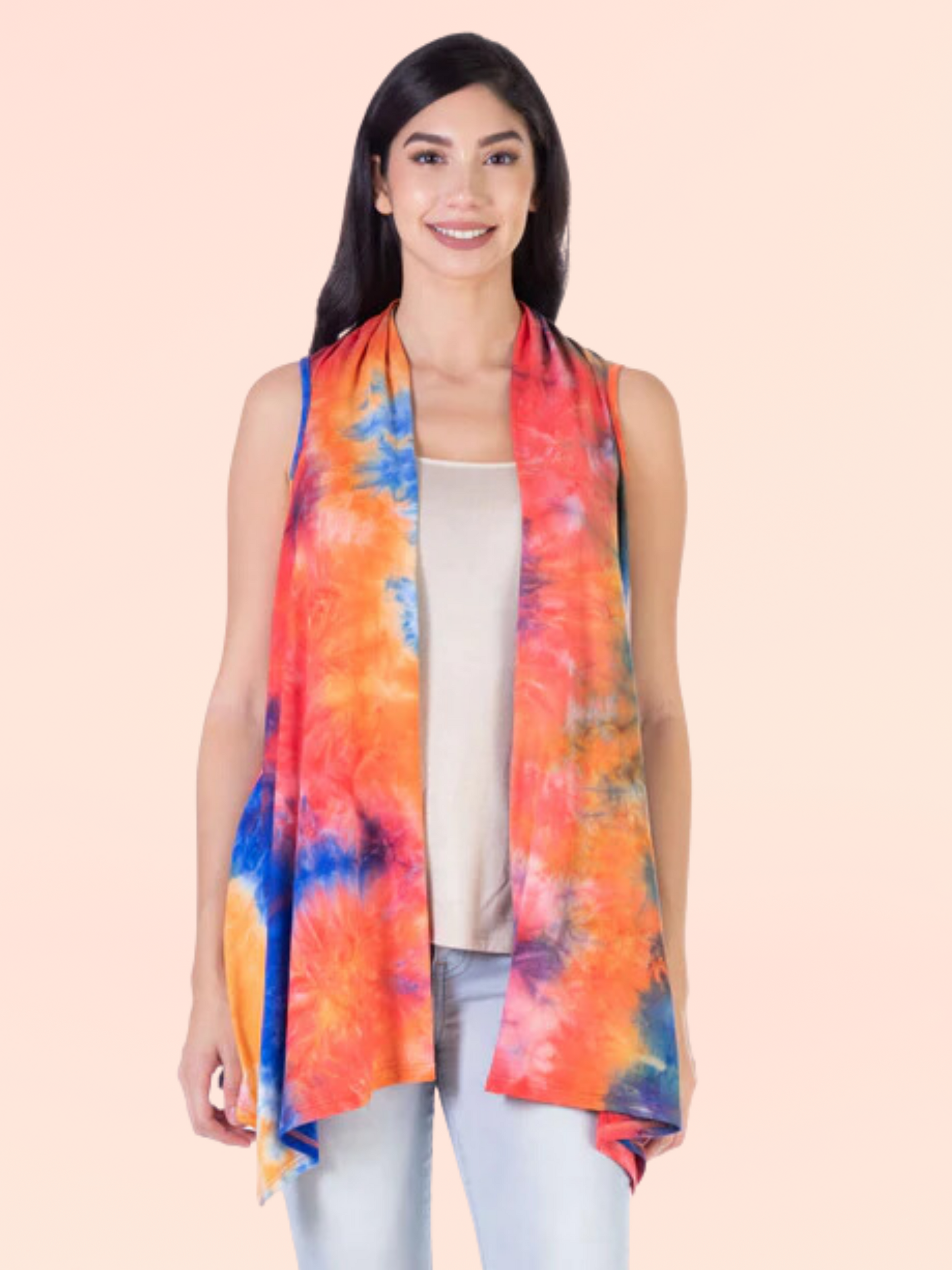 Orange Tie Dye Sleeveless Open Front Shrug Vest