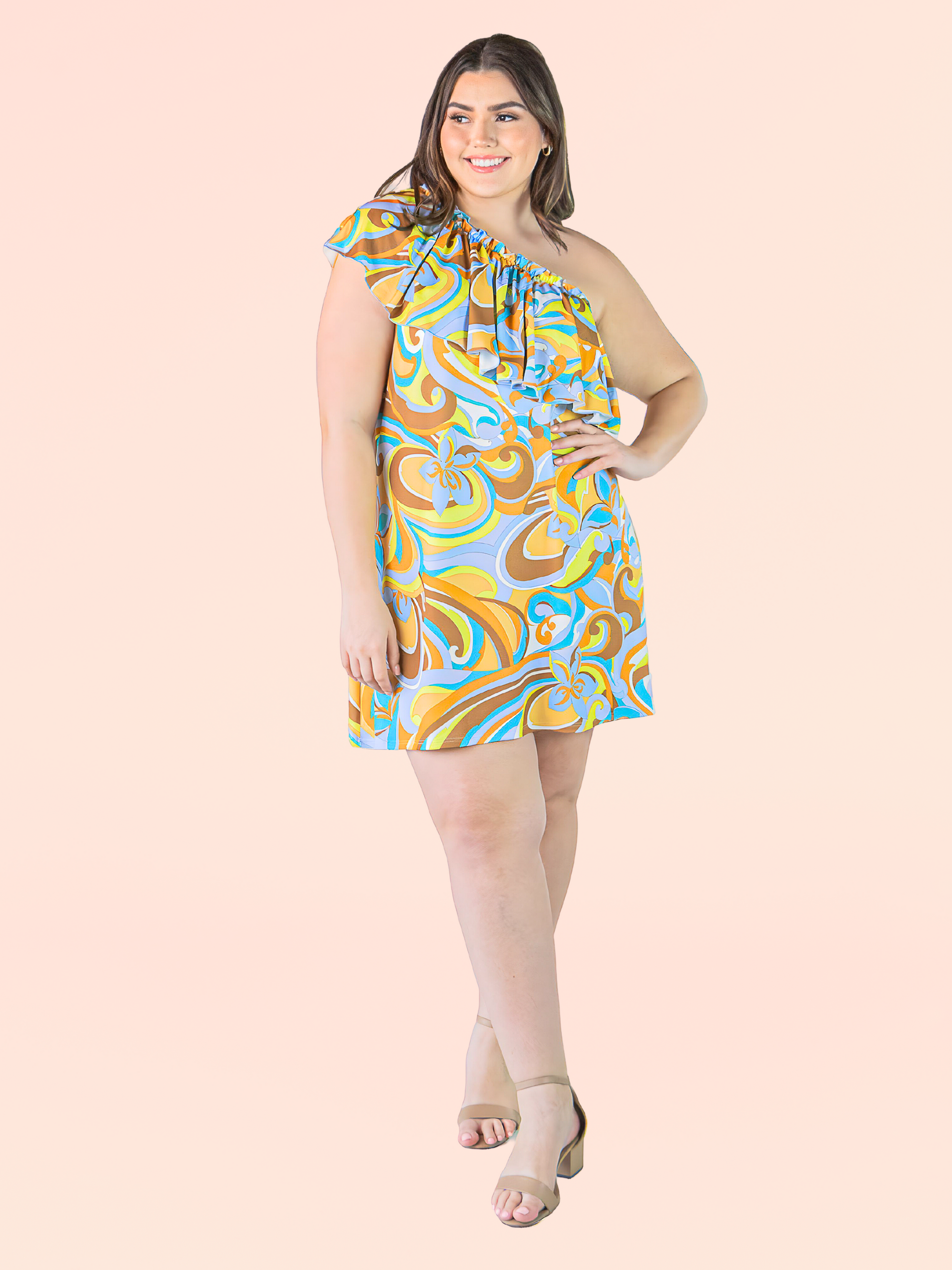 Plus Size Yellow Floral Print One ShoulderRuffle Mini Dress