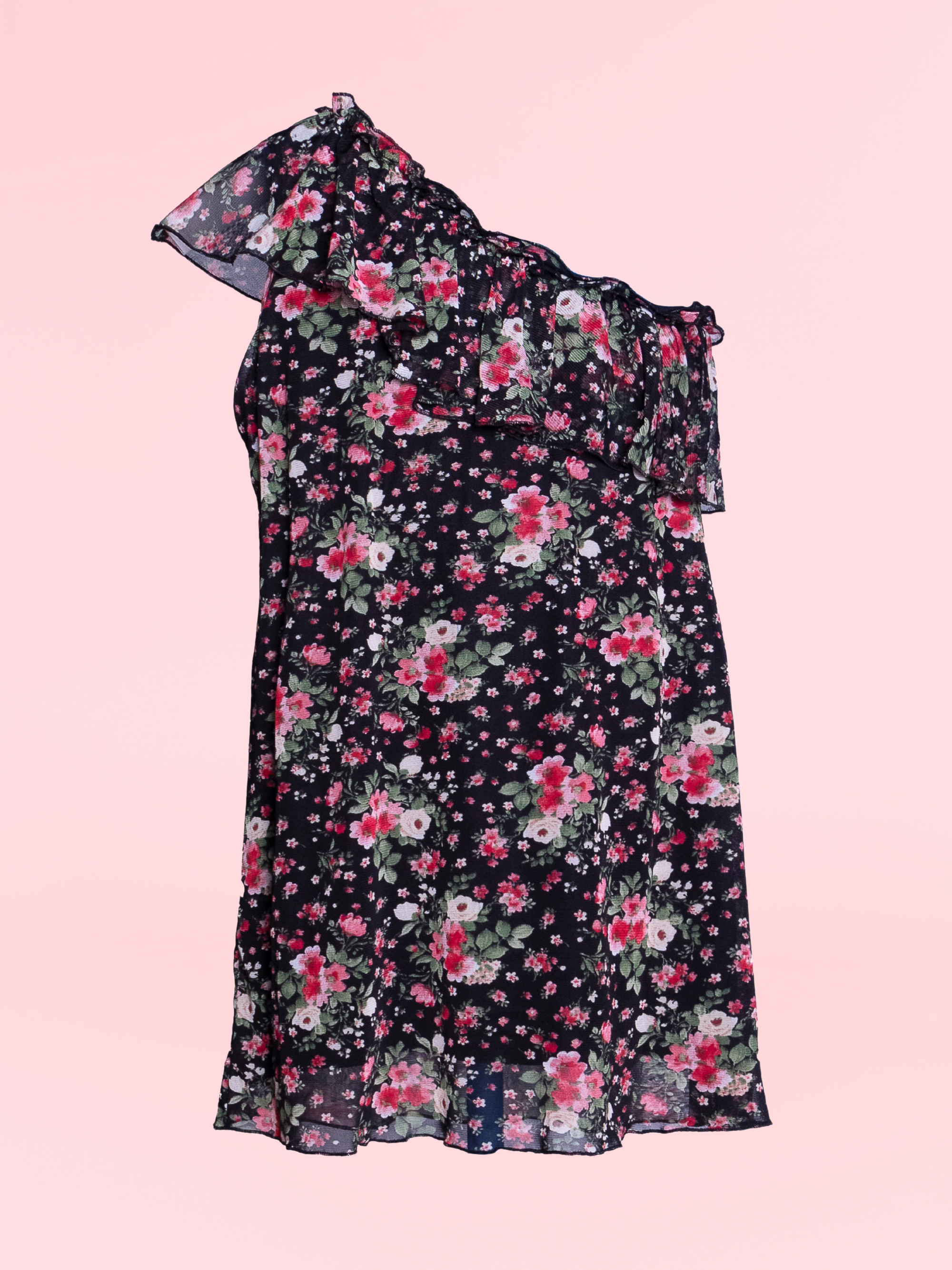 Girls Black Floral One Shoulder Ruffle Knee Length Dress