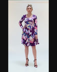 Floral Purple Long Sleeve Knee Length Dress