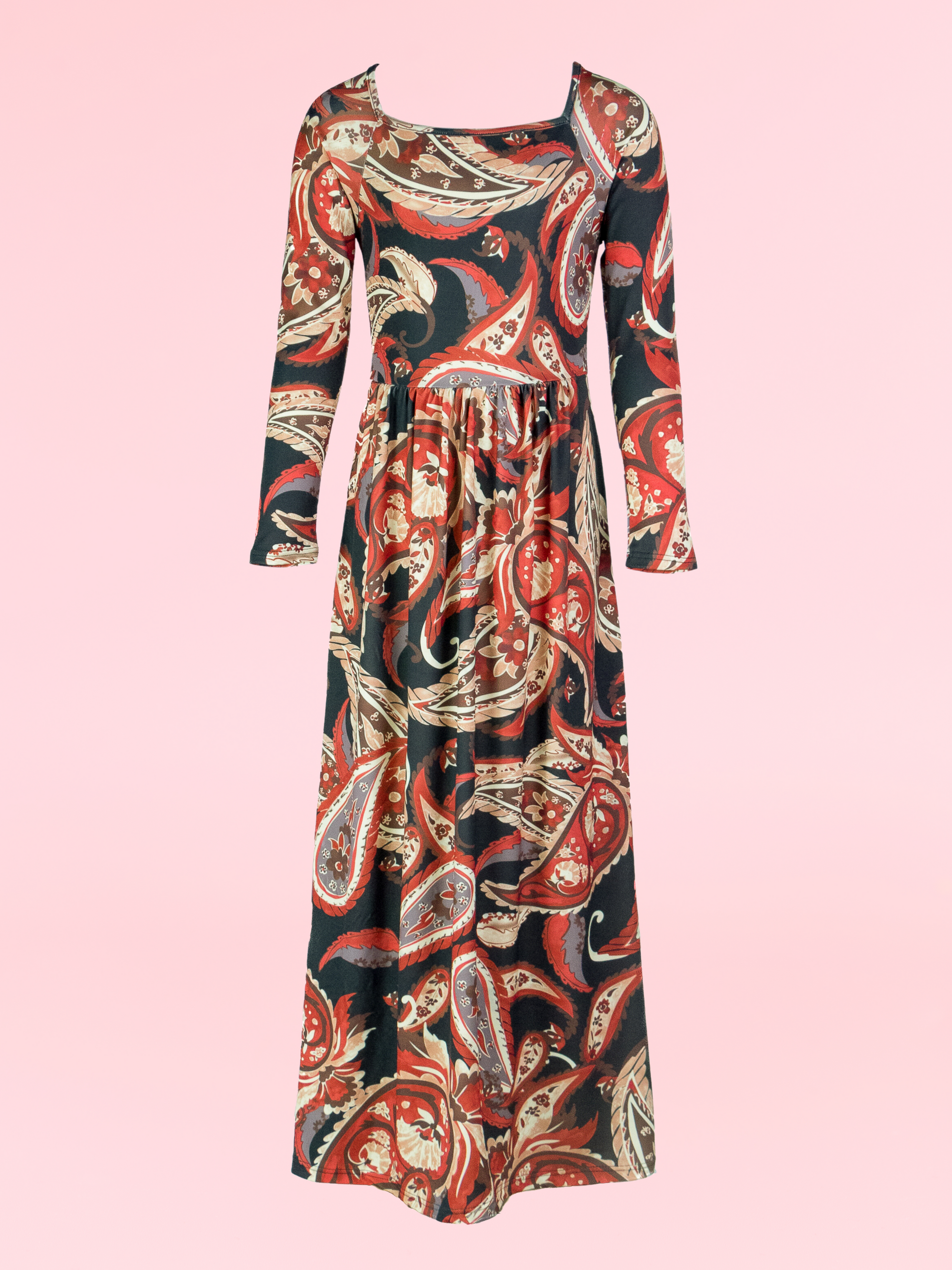 24seven Comfort Apparel Girls Black and Red Paisley Long Sleeve Pleated Maxi Dress