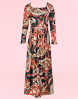 24seven Comfort Apparel Girls Black and Red Paisley Long Sleeve Pleated Maxi Dress