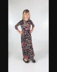 24seven Comfort Apparel Girls Black and Red Paisley Three Quarter Sleeve Pleated Maxi Dress