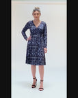 Grey Long Sleeve Knee Length Faux Wrap Dress