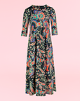 24seven Comfort Apparel Girls Black and Red Paisley Three Quarter Sleeve Pleated Maxi Dress
